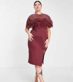 Темно-бордовое платье миди с отделкой жемчугом и перьями ASOS DESIGN Curve-Разноцветный