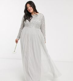 Серебристое платье макси из тюля с длинными рукавами Maya Plus Bridesmaid-Серый