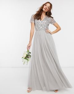 Серебристое платье макси с V-образным вырезом Maya Bridesmaid-Серый