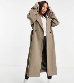 Свободное пальто с капюшоном и поясом серо-бежевого цвета ASOS DESIGN Tall-Серый