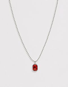 Серебристое ожерелье с подвеской-камнем красного цвета и шариковой цепочкой ASOS DESIGN-Серебряный