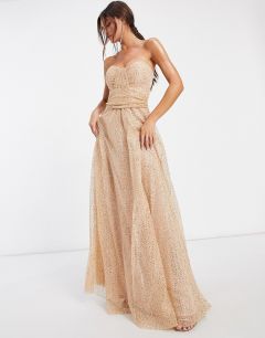 Платье-бандо макси из сетки с пайетками в цвете шампанского Goddiva-Золотистый