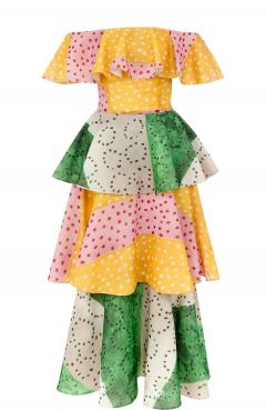 Шелковое многоярусное платье-миди с открытыми плечами Tata Naka