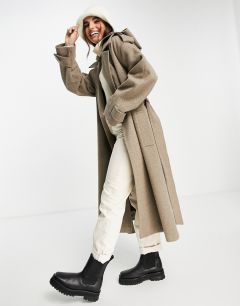 Свободное пальто с капюшоном и поясом серо-бежевого цвета ASOS DESIGN-Серый