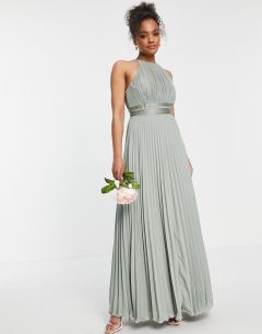 Плиссированное платье-сарафан макси с атласным поясом на талии ASOS DESIGN Bridesmaid-Зеленый цвет
