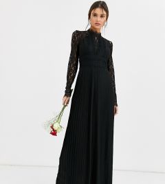 Черное плиссированное платье макси с длинными рукавами и кружевными вставками TFNC Bridesmaid-Черный
