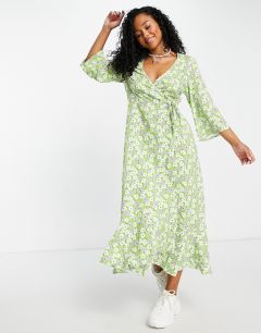 Зеленое платье миди из вискозы ecovero с запахом и мелким цветочным принтом Monki Amanda-Зеленый цвет