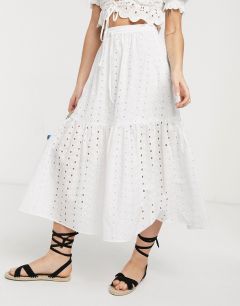 Белая ярусная юбка миди с вышивкой ришелье ASOS DESIGN-Белый