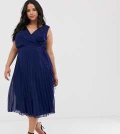 Платье мини с запахом на лифе, завязкой на талии и плиссированной юбкой ASOS DESIGN Curve-Темно-синий