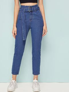Короткие джинсы с высокой талией и поясом