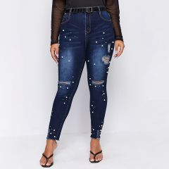Рваные облегающие джинсы размера плюс с жемчугами без пояса